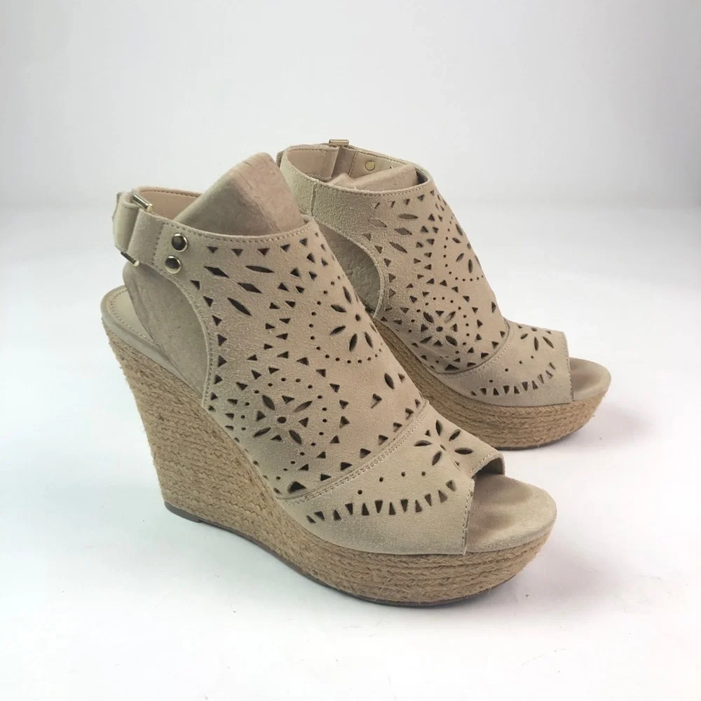 Marc Fisher Harlea Perforated Suede Wedge Espadrille Sandals beige tan neutral